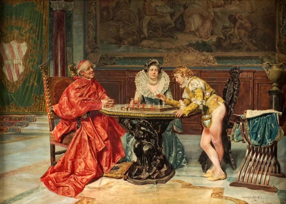 Scena di genere d'interni di reali che giocano a scacchi con un cardinale